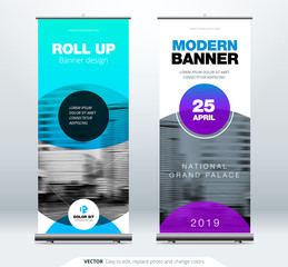 Wall Mural - Roll Up banner stand presentation concept. Corporate business roll up template background. Vertical template billboard, banner stand or flag design layout. Poster for conference, forum, shop