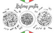 Spaghetti and penne pasta with cherry tomatoes and basil. Dish of Italian cuisine. Ink hand drawn set with brush calligraphy style lettering. Vector illustration. Top view. Food elements collection.