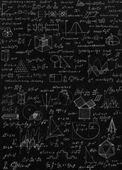 Blackboard inscribed with scientific formulas and calculations in physics and mathematics.