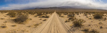 Wide Panoramic View Of Sand Road Leading Straight Through The Dry Wilderness Of Desert.