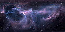 360 Degree Space Nebula Panorama, Equirectangular Projection, Environment Map. HDRI Spherical Panorama. Space Background With Nebula And Stars.
