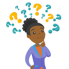 Wall Mural - Confused african-american business woman standing under question marks and thinking. Business woman in doubt surrounded by question marks. Vector cartoon illustration isolated on white background.