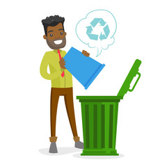 Canvas Print - Young african-american man throwing out garbage from recycling bin into a trash can. Waste recycling concept. Vector cartoon illustration isolated on white background. Square layout.