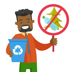 Wall Mural - Young african-american man holding recycling bin and do not littering in park placard. Waste recycling and take care of clean nature concept. Vector cartoon illustration isolated on white background.