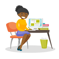 Wall Mural - African-american student sitting at the table with a computer and writing an essay. Student using a computer for education. Educational technology concept. Vector cartoon illustration. Square layout.