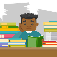 Sticker - African-american bored university student studying hard before the exams in the library. Sad teacher feeling stress from the checking of test of student. Vector cartoon illustration. Square layout.