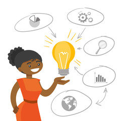 Poster - Young african-american student holding a bright idea light bulb. Excited business woman having great idea. Innovation and inspiration concept. Vector cartoon illustration isolated on white background.