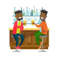 Wall Mural - Two young happy african-american men drinking beer at the bar counter and clinking glasses. Cheerful friends relaxing with beer in the pub. Vector cartoon illustration isolated on white background.