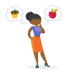 Poster - Young thoughtful african-american woman choosing between an apple and a cupcake. Concept of choice between healthy and unhealthy nutrition. Vector cartoon illustration isolated on white background.