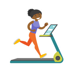 Canvas Print - Young african-american woman running on treadmill. Sporty woman exercising on treadmill. Healthy lifestyle and sport concept. Vector cartoon illustration isolated on white background. Square layout.