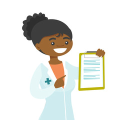 Wall Mural - African-american doctor showing a clipboard with patient records. Doctor in medical gown holding a clipboard with prescription. Vector cartoon illustration isolated on white background. Square layout.