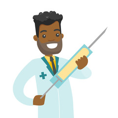 Sticker - Smiling african-american doctor holding a medical injection syringe with vaccine. Young doctor with a huge syringe. Vector cartoon illustration isolated on white background. Square layout.