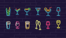 Neon Drinks. Cocktails, Wine, Beer, Champagne. Night Illuminated Wall Street Sign. Cold Alcohol Drinks In Dark Night. Isolated Geometric Style Illustration On Brick Wall Background.