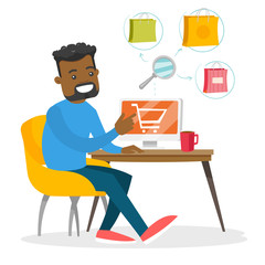 Poster - Young african-american man using computer for online shopping. Happy man doing online shopping at home. Guy buying on internet. Vector cartoon illustration isolated on white background. Square layout.