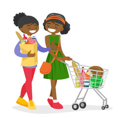 Sticker - Two young african-american women doing shopping at the grocery shop. Friends walking with shopping cart and bag with food. Vector cartoon illustration isolated on white background. Square layout.