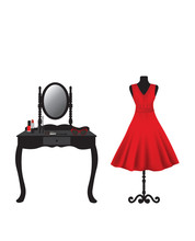 Red Dress On Mannequin And Dressing Table With Makeup, Vector