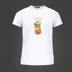 Wall Mural - Original print for t-shirt. White t-shirt with fashionable design - Yummy donuts. Vector Illustration