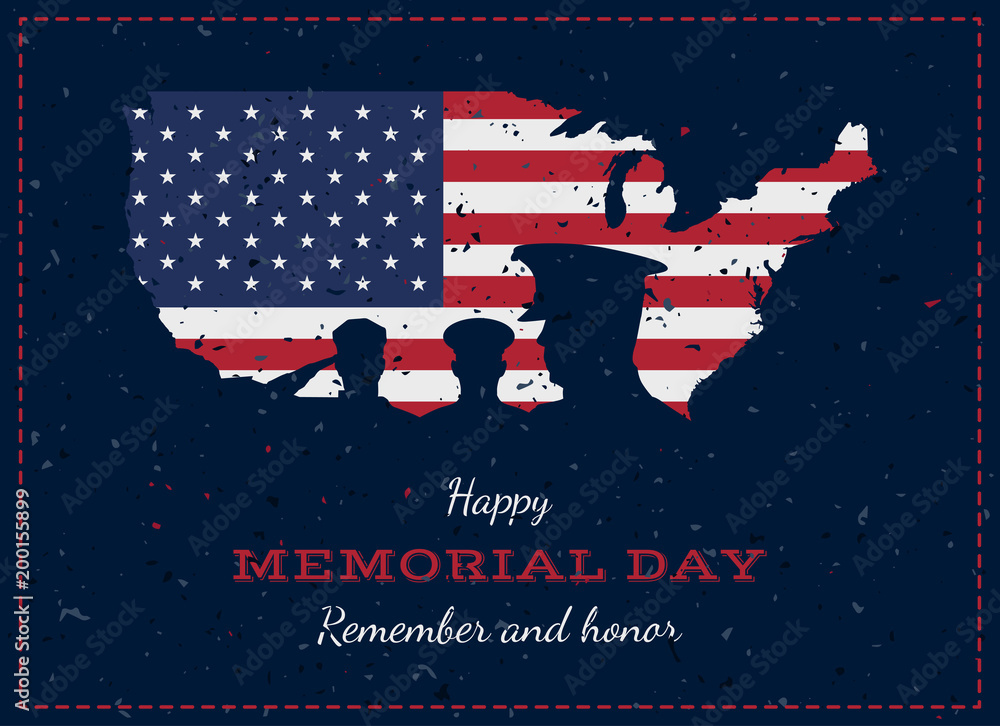 Happy memorial day. Vintage retro greeting card with flag and soldier ...