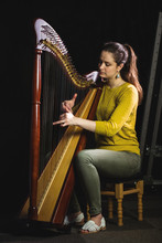 Woman Playing A Harp In Music School