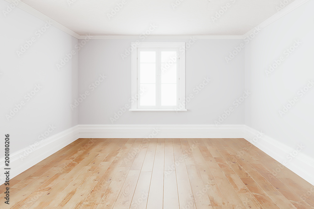 Obraz na płótnie Blank simple interior room background empty white walls corner and white wood floor contemporary,3D rendering w salonie