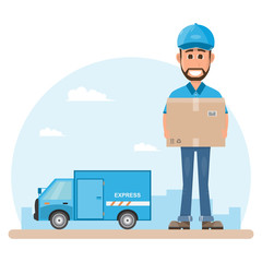 Wall Mural - delivery man with box. Postman design isolated on white background. Courier in hat and uniform with package.