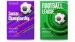 © eriksvoboda - Posters of tournament football or soccer league. Ball on graphics background. Design of banner for sport events. Template of advertising for championship of soccer or football, 3D illustration.