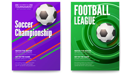 Wall Mural - Posters of tournament football or soccer league. Ball on graphics background. Design of banner for sport events. Template of advertising for championship of soccer or football, 3D illustration.