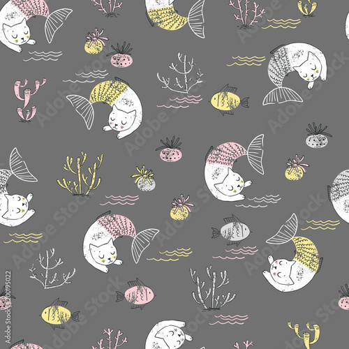 Cotton fabric Cute little cat mermaid seamless pattern. Textured illustration
