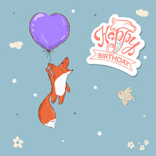 Happy Birthday. Beautiful Greeting Card Calligraphy Text With Cute Fox On Balloon.