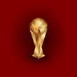 Golden  ball on the stand. Sports polygonal trophy illustration on a red background.