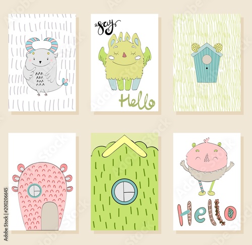 Fotografie, Obraz Set of cute cartoon monsters greeting or invitation cards.
