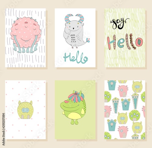 Fotografie, Obraz Set of cute cartoon monsters greeting or invitation cards.