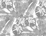 Jungle. Black andwhite leaves of tropical palm trees, monstera, agaves and orchids. Drops of dew, rain. Seamless. Isolated on white background. illustration