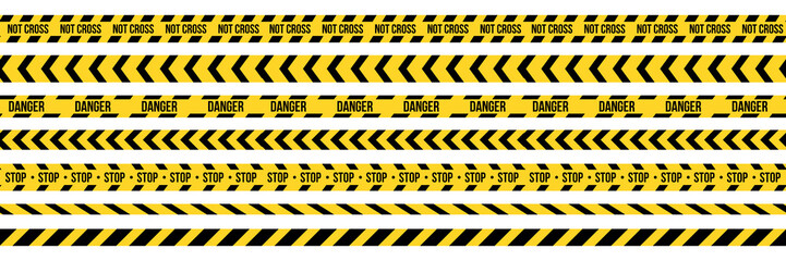 creative vector illustration of black and yellow police stripe border. set of danger caution seamles