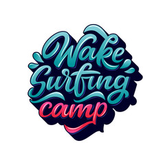 Wall Mural - Wake surfing camp lettering for logotype, banner, t-shirt. Hand drawn text in graffiti style. Water extreme sport vector illustration.