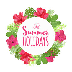  Colorful flowers wreath. Text Summer Holidays. Floral tropical c