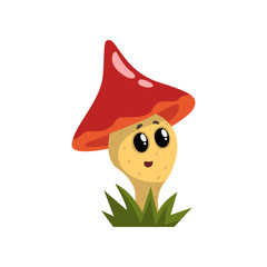 Wall Mural - Cute funny mushroom character with red cap and funny face vector Illustration on a white background