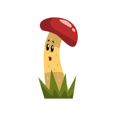 Wall Mural - Cute funny mushroom character with red cap and funny face vector Illustration on a white background