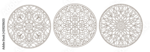 Fotografía Set contour illustrations of stained glass, round stained glass floral ornaments