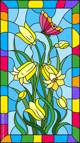 Dekoracja na wymiar  ilustracja-w-stylu-witrazu-z-liscmi-i-dzwonkami-zoltymi-kwiatami-i-motylem