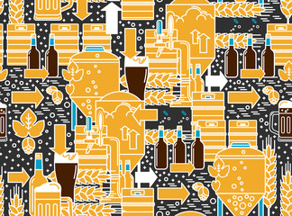 Wall Mural - Beer tap, mug, glass with beer, kegs, bottles, equipment for brewery, hops, wheat. Linear seamless pattern on a dark background. Design element for flyer, brochure, website of the brewery, pub, bar. 