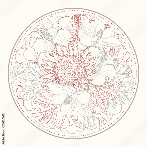 Tropical flowers in form of circle in sketch line style isolated on white bac...