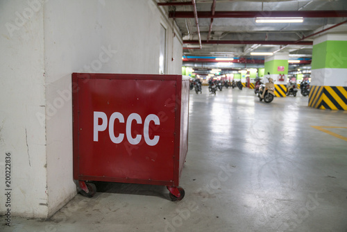 Firefighting Box With Sand In Underground Parking Of Modern Building Pccc Is Fire Prevention In Vietnamese Stock Photo Adobe Stock