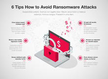 Simple Vector Infographic For 6 Tips How To Avoid Ransomware Attacks With Laptop, Red Padlock And Chain Isolated On Light Background. Easy To Use For Your Website Or Presentation.