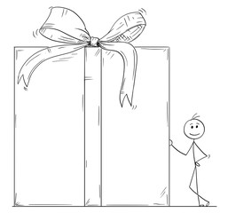 Canvas Print - Cartoon stick man drawing conceptual illustration of businessman standing with huge or large gift box or present in wrap.