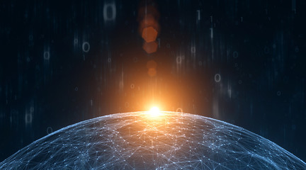 Wall Mural - artistic computer binary numbers data with sunny network sphere illustration background. view from s