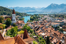 Thun Cityscape With Alps Mountain And Lake In Switzerland