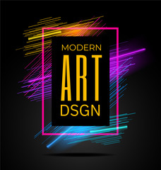 Vector modern frame with geometric neon glowing lines isolated on black background. Art graphics with glitch effect. Design element for business cards, gift cards, invitations, flyers, brochures.