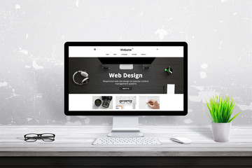 Flat web design theme presentation on computer display.