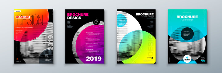 Wall Mural - Bright circle Brochure cover design set. Template layout for annual report, magazine, catalog, flyer or booklet in A4 with color circle shapes in swiss or magna dark style. Vector Illustration.